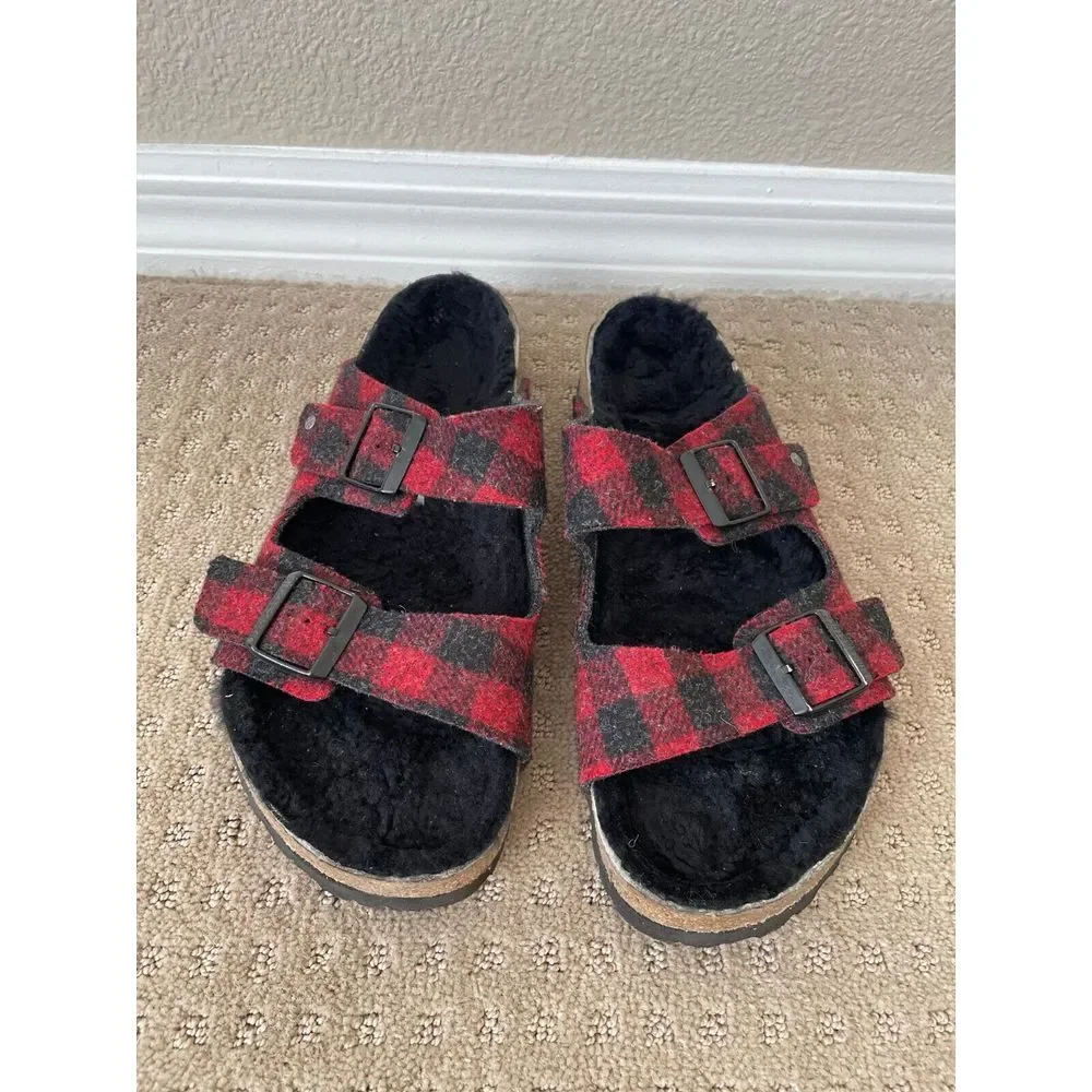 Birkenstock Arizona Shearling Sandals Men 45 US‎ 12 Red Black Wool Adjustable